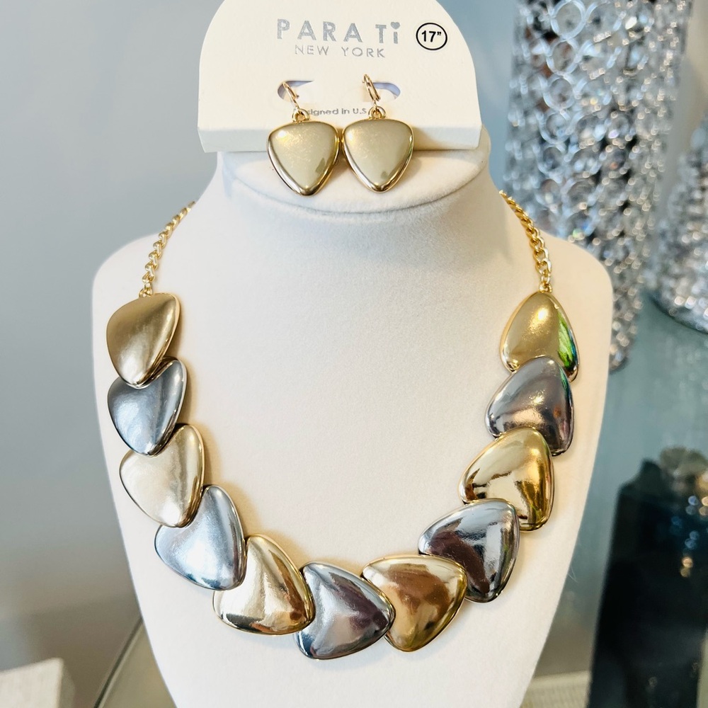 Gold and Silver Heart Necklace and Earring Set